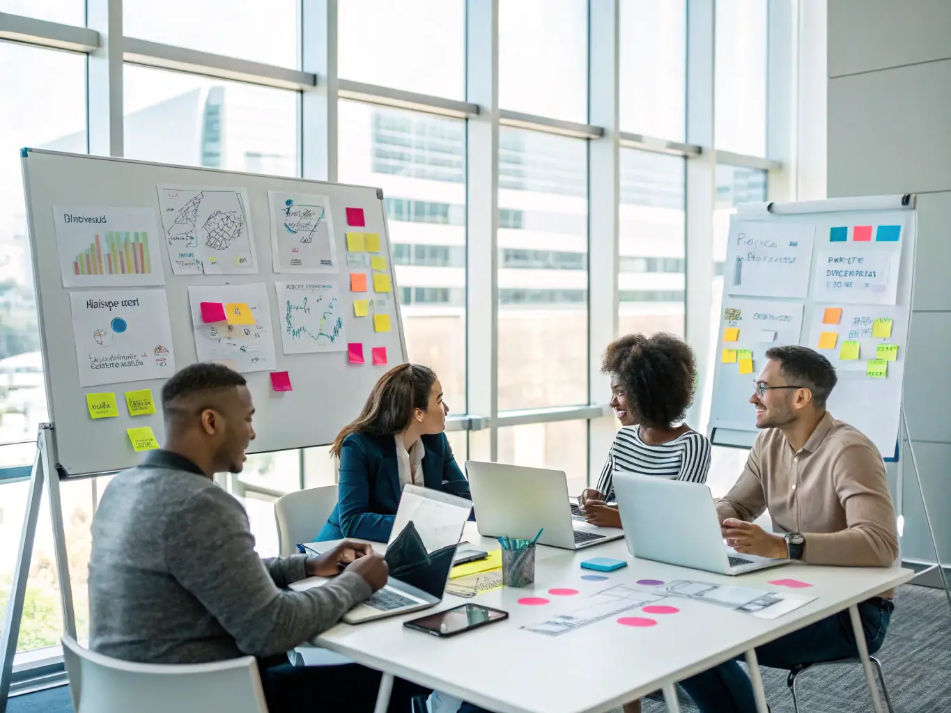 An image representing the SBA 7(a) Loan Program, showing a diverse group of entrepreneurs collaborating in a modern office space, symbolizing growth and opportunity.