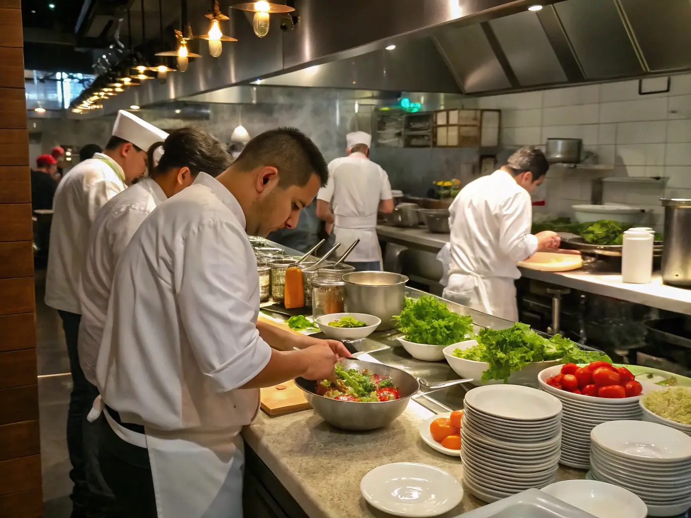 A vibrant image showcasing a bustling restaurant kitchen, symbolizing the food service industry. Chefs are preparing meals, and the atmosphere is energetic and productive.