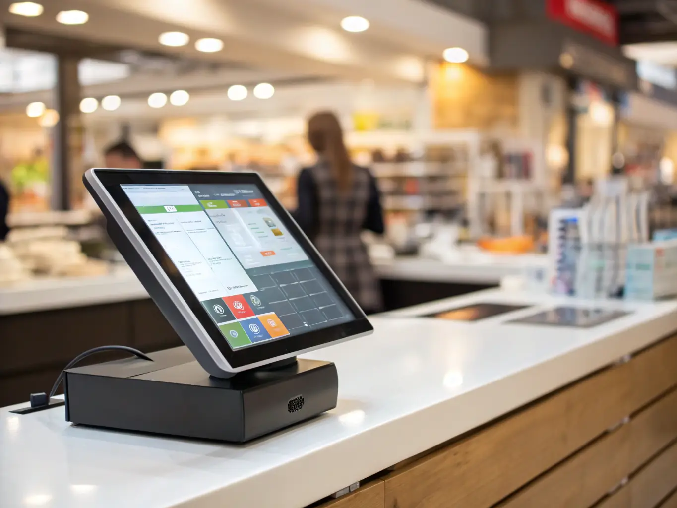 An image representing the SBA Express Loan Program, showing a small business owner quickly processing transactions on a tablet, symbolizing speed and efficiency.