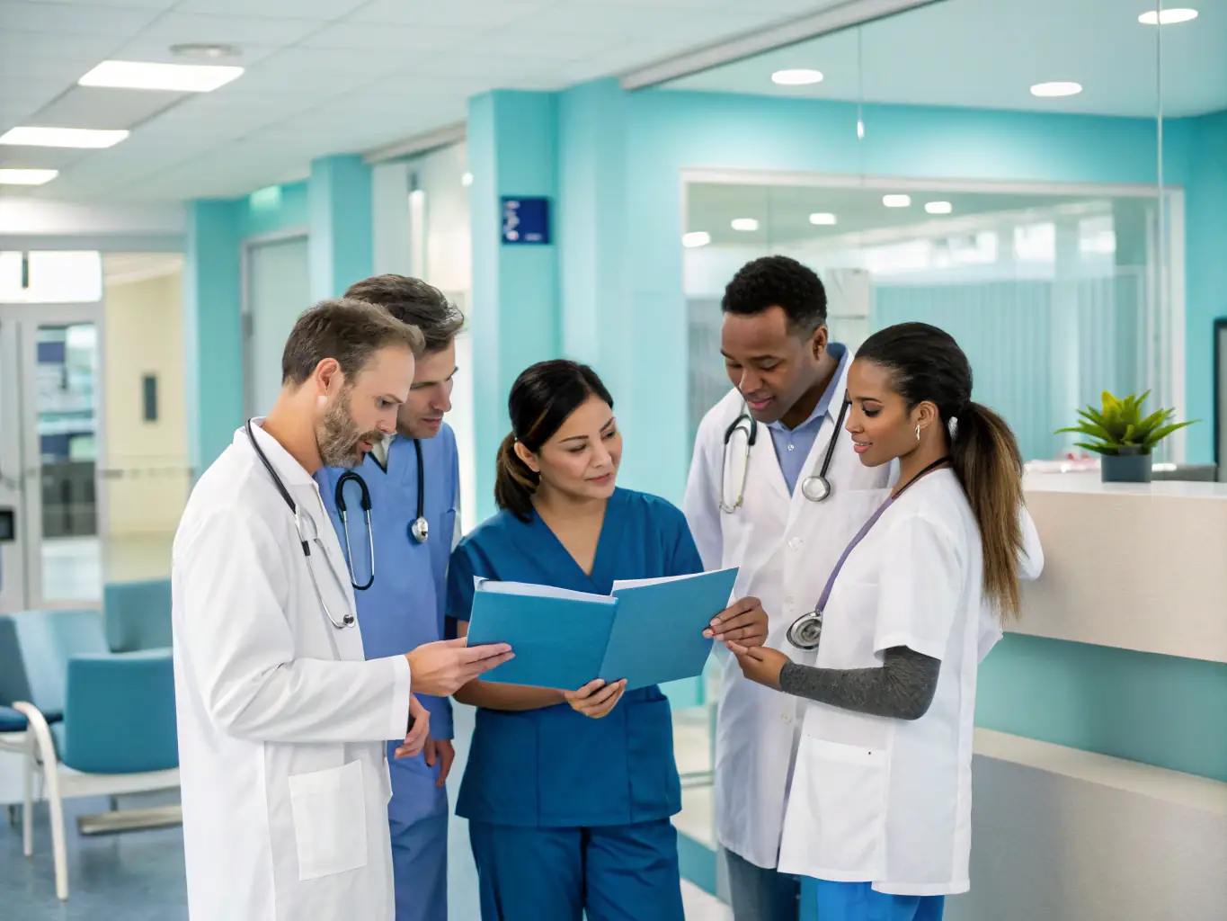 A modern medical office with doctors and nurses attending to patients, representing the healthcare industry. The environment is clean, professional, and caring.